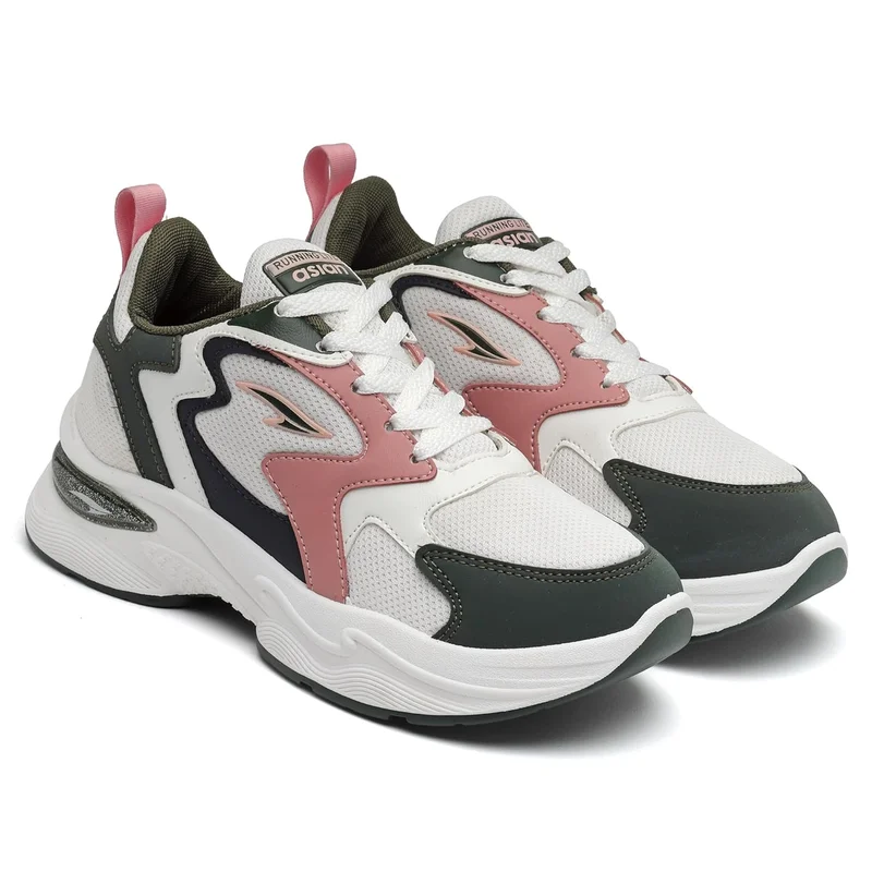 Asian Stylish White Olive Peach Sneakers for Women and Girls