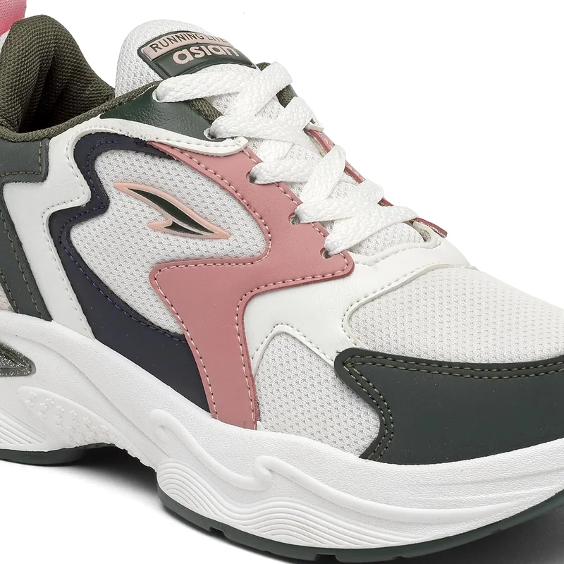 Asian Stylish White Olive Peach Sneakers for Women and Girls