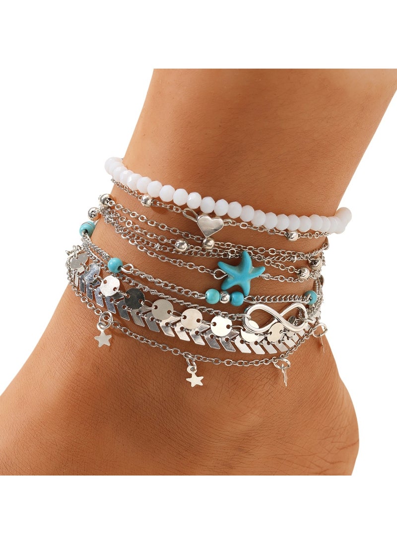Huitich 11-Piece Silver Starfish Anklet Set Beach-Inspired Foot Jewelry  - Image 1