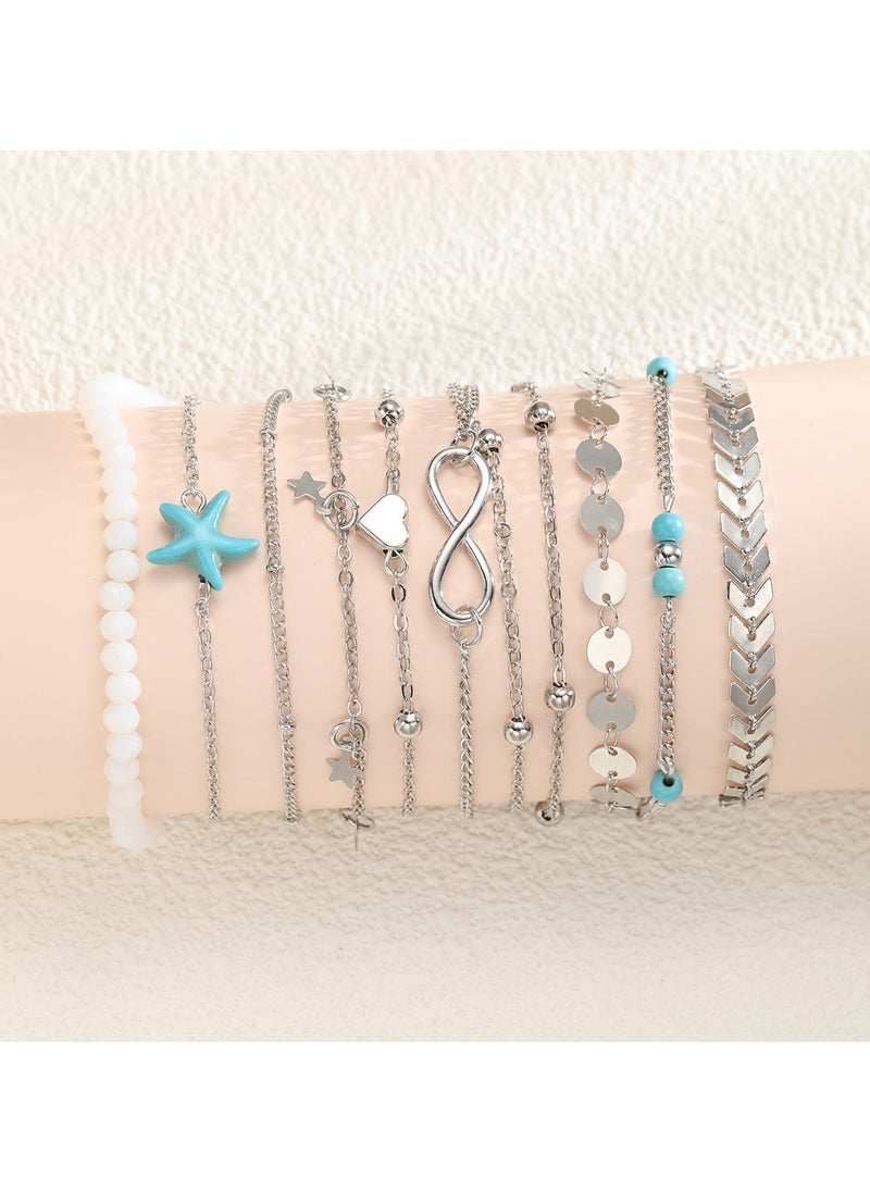 Huitich 11-Piece Silver Starfish Anklet Set Beach-Inspired Foot Jewelry  - Image 2