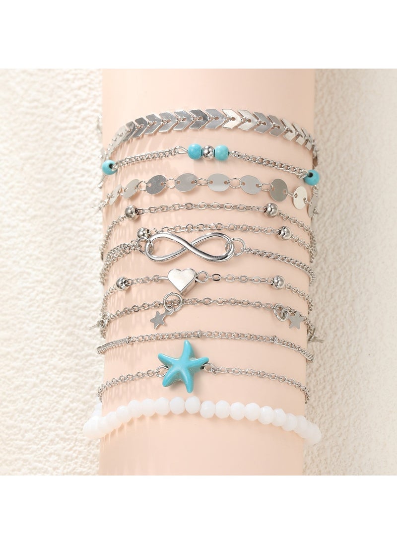 Huitich 11-Piece Silver Starfish Anklet Set Beach-Inspired Foot Jewelry  - Image 3