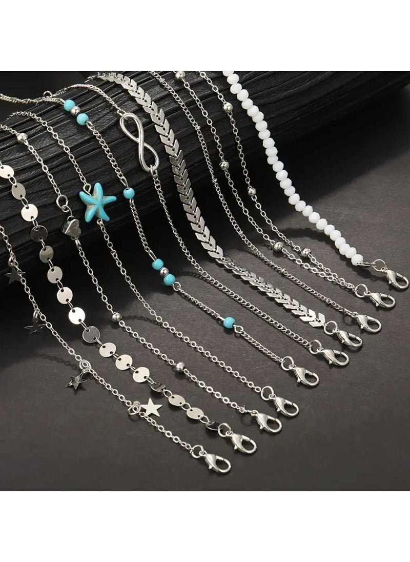 Huitich 11-Piece Silver Starfish Anklet Set Beach-Inspired Foot Jewelry  - Image 4