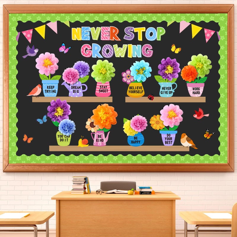 Moinchore 73 Pcs Flower Bulletin Board Decoration Set with 3D Paper Flower Never Stop Growing Classroom Decor Inspirational Bulletin Board Decor for Motivational Classroom School Home Chalkboard Wall - Image 1