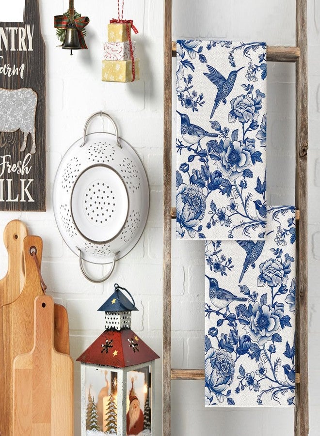 Artoid Mode Blue Hummingbird Flowers Kitchen Towels Dish Towels, 18x26 Inch Farmhouse Royal Blue Porcelain Decoration Hand Towels Set of 2 - Image 3