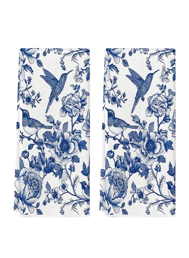 Artoid Mode Blue Hummingbird Flowers Kitchen Towels Dish Towels, 18x26 Inch Farmhouse Royal Blue Porcelain Decoration Hand Towels Set of 2 - Image 1