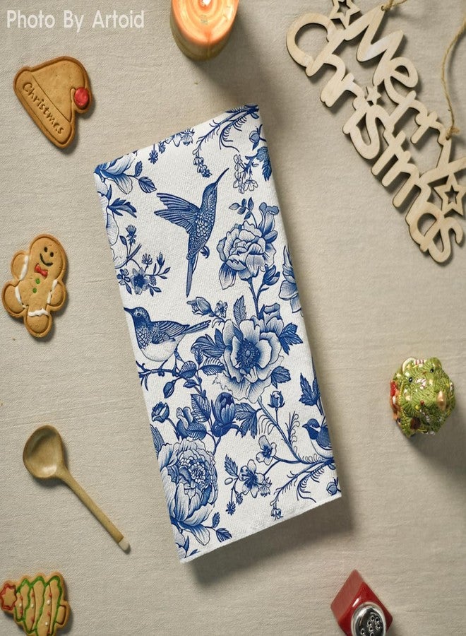 Artoid Mode Blue Hummingbird Flowers Kitchen Towels Dish Towels, 18x26 Inch Farmhouse Royal Blue Porcelain Decoration Hand Towels Set of 2 - Image 4