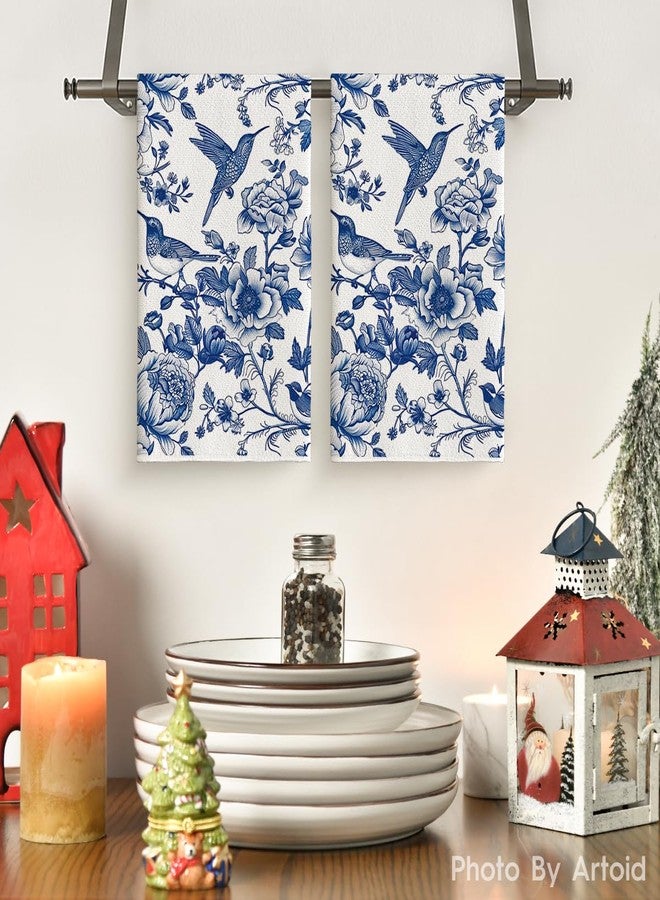 Artoid Mode Blue Hummingbird Flowers Kitchen Towels Dish Towels, 18x26 Inch Farmhouse Royal Blue Porcelain Decoration Hand Towels Set of 2 - Image 2