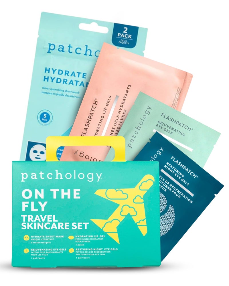 Patchology On The Fly Travel Facial Kit â€“ Travel-Friendly Hydrating Skincare Essentials for Face, Eyes and Lips â€“ Includes 2 Pair Under Eye Patches, 2 Hydrate Sheet Mask for Refreshed Skin,1 Lip Mask - Image 1