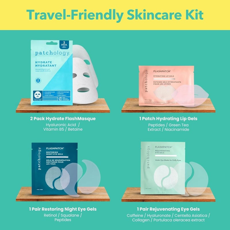 Patchology On The Fly Travel Facial Kit â€“ Travel-Friendly Hydrating Skincare Essentials for Face, Eyes and Lips â€“ Includes 2 Pair Under Eye Patches, 2 Hydrate Sheet Mask for Refreshed Skin,1 Lip Mask - Image 4