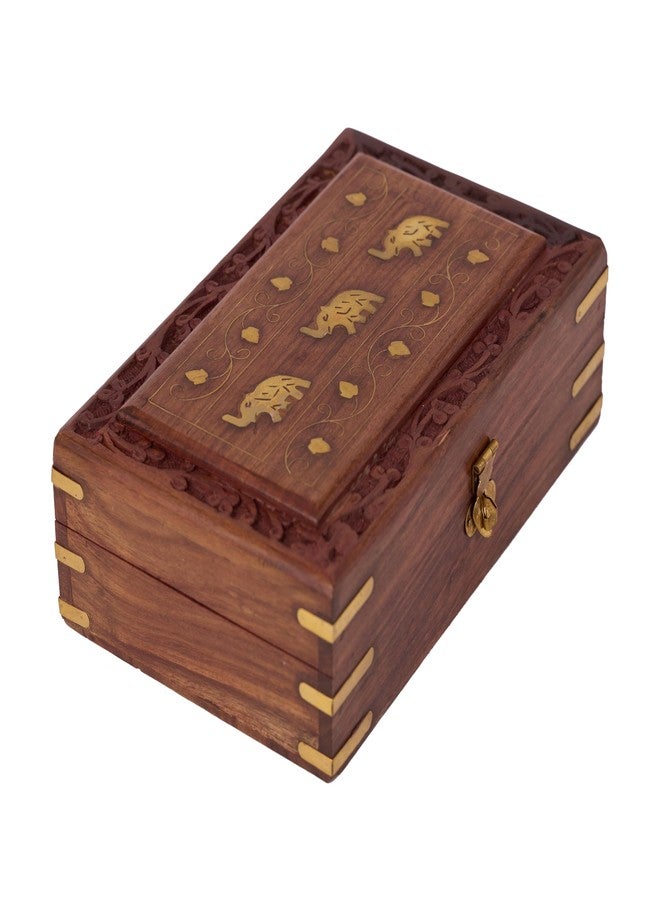 GURU JEE Wooden Jewellery Keepsake Storage Box With Hand Carved Floral Design And Brass Inlay On Lid Decorative Gifts (3EL_8x5) - Image 2