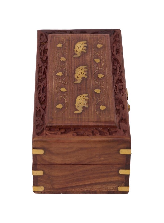 GURU JEE Wooden Jewellery Keepsake Storage Box With Hand Carved Floral Design And Brass Inlay On Lid Decorative Gifts (3EL_8x5) - Image 3