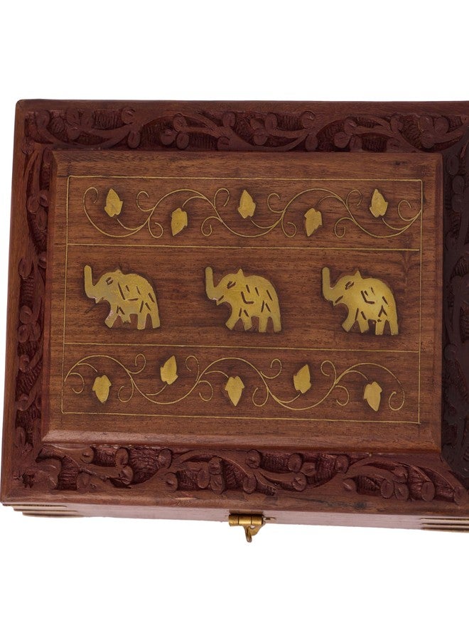 GURU JEE Wooden Jewellery Keepsake Storage Box With Hand Carved Floral Design And Brass Inlay On Lid Decorative Gifts (3EL_8x5) - Image 4