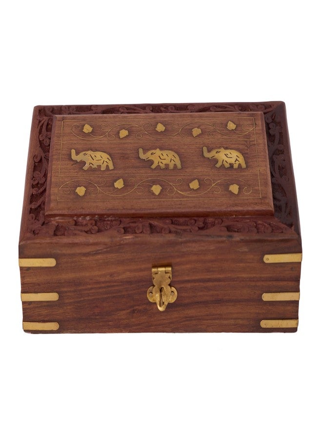 GURU JEE Wooden Jewellery Keepsake Storage Box With Hand Carved Floral Design And Brass Inlay On Lid Decorative Gifts (3EL_8x5) - Image 1