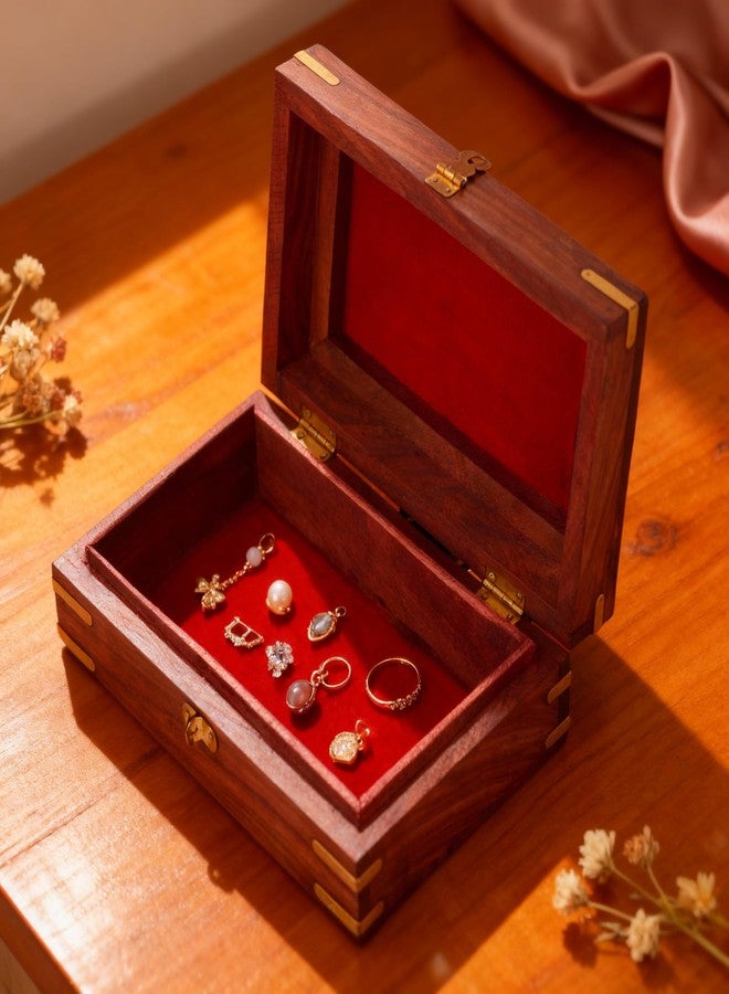 GURU JEE Wooden Jewellery Keepsake Storage Box With Hand Carved Floral Design And Brass Inlay On Lid Decorative Gifts (3EL_8x5) - Image 5