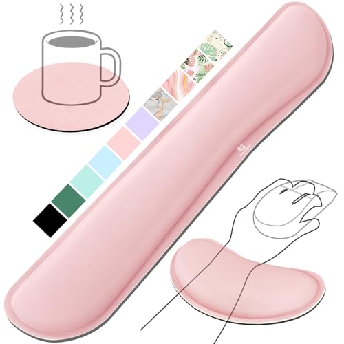 Gimars Upgrade Cleanable PU Leather Keyboard Wrist Pillow Rest Pad, Enlarge Mouse Wrist Cushion Support for Office, Computer, Laptop, Mac, Durable, Comfortable, Pain Relief, Pink - Image 1