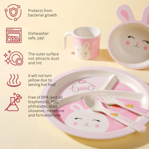 PHEENOWL Kids Dinnerware Set, Includes Toddler Plate Bowl Tumbler and Utensils, BPA Free Bamboo Fiber Material Perfect for Little Girls (Pink - Rabbit Theme) - Image 4