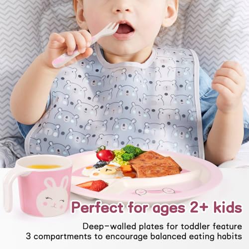 PHEENOWL Kids Dinnerware Set, Includes Toddler Plate Bowl Tumbler and Utensils, BPA Free Bamboo Fiber Material Perfect for Little Girls (Pink - Rabbit Theme) - Image 3