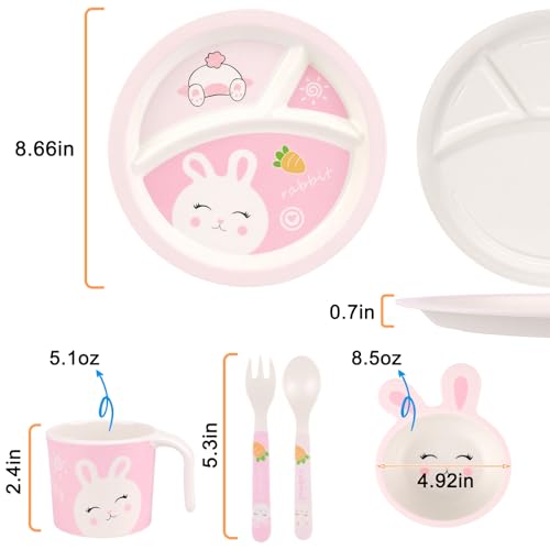 PHEENOWL Kids Dinnerware Set, Includes Toddler Plate Bowl Tumbler and Utensils, BPA Free Bamboo Fiber Material Perfect for Little Girls (Pink - Rabbit Theme) - Image 2
