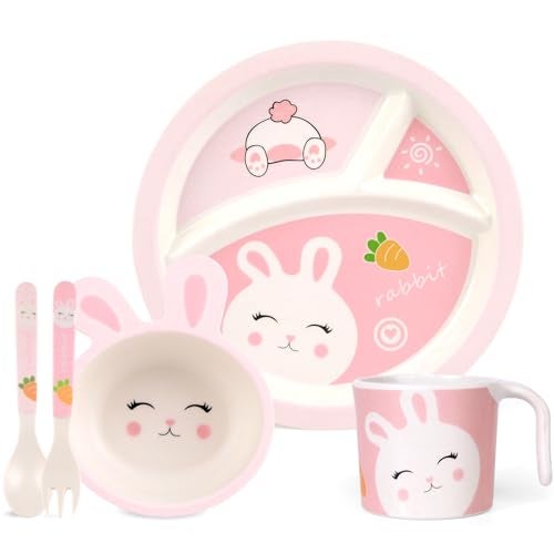 PHEENOWL Kids Dinnerware Set, Includes Toddler Plate Bowl Tumbler and Utensils, BPA Free Bamboo Fiber Material Perfect for Little Girls (Pink - Rabbit Theme) - Image 1