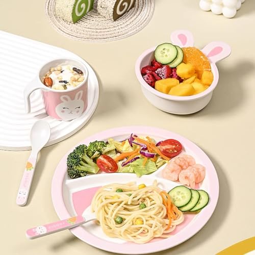 PHEENOWL Kids Dinnerware Set, Includes Toddler Plate Bowl Tumbler and Utensils, BPA Free Bamboo Fiber Material Perfect for Little Girls (Pink - Rabbit Theme) - Image 5