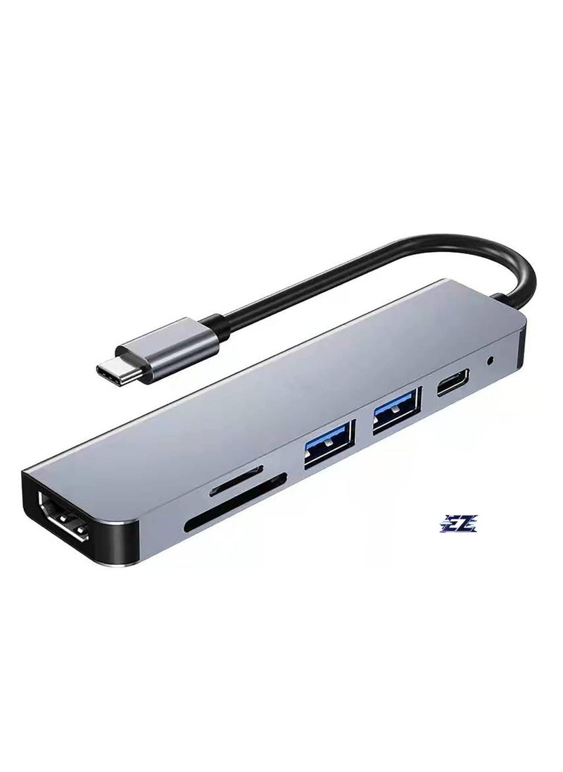 ELTRAZONE - USB C Hub 6-in-1 Type C to HDMI 4K Adapter with 2 USB 3.0 Ports, SD/TF Card Reader, 100W USB-C Power Delivery, Aluminium, Compatible with MacBook Pro/Air, XPS, Laptops, Tablets, Smartphones - Space Grey - Image 1