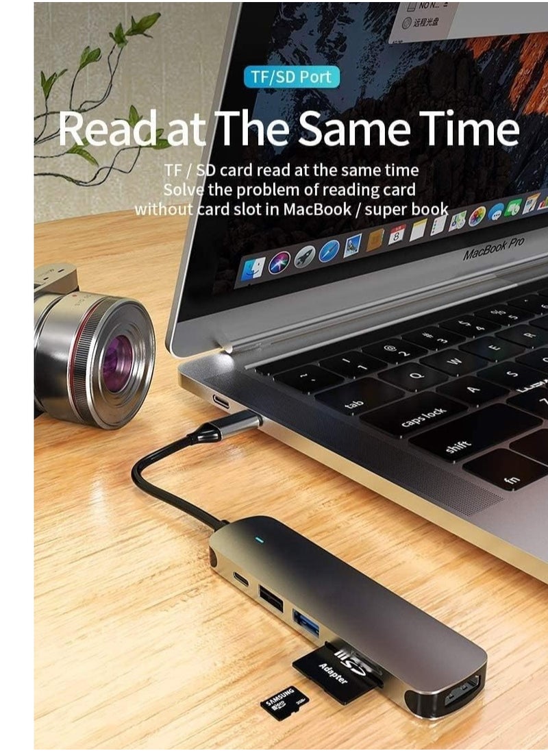 ELTRAZONE - USB C Hub 6-in-1 Type C to HDMI 4K Adapter with 2 USB 3.0 Ports, SD/TF Card Reader, 100W USB-C Power Delivery, Aluminium, Compatible with MacBook Pro/Air, XPS, Laptops, Tablets, Smartphones - Space Grey - Image 1