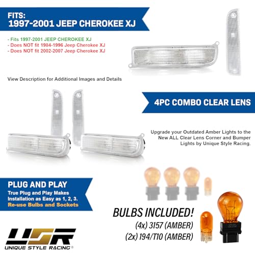 USR UNIQUE STYLE RACING USR DEPO 97-01 XJ Signal Lights - COMBO Clear Bumper Turn Signal + Corner Side Marker Lamps Set (Left + Right) Compatible with 1997-2001 Cherokee XJ Chassis (Clear 4 Pieces) - Image 3