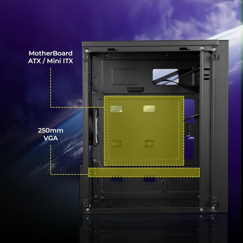 ZEBRONICS هيكل ألعاب، Micro ATX/Mini ITX، مروحة داخلية متعددة الألوان 80 مم، USB 3.0، 2X منافذ USB، لوحة جانبية أكريليك، شريط ضوء متعدد الألوان في اللوحة الأمامية، مزود طاقة مثبت في الأعلى (Froz) - Image 3