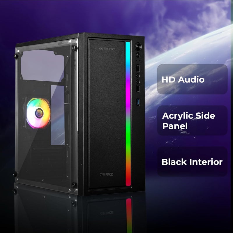ZEBRONICS هيكل ألعاب، Micro ATX/Mini ITX، مروحة داخلية متعددة الألوان 80 مم، USB 3.0، 2X منافذ USB، لوحة جانبية أكريليك، شريط ضوء متعدد الألوان في اللوحة الأمامية، مزود طاقة مثبت في الأعلى (Froz) - Image 2