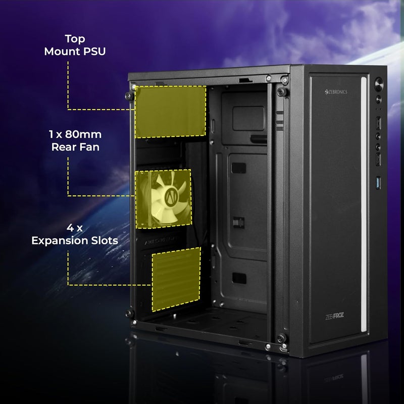 ZEBRONICS هيكل ألعاب، Micro ATX/Mini ITX، مروحة داخلية متعددة الألوان 80 مم، USB 3.0، 2X منافذ USB، لوحة جانبية أكريليك، شريط ضوء متعدد الألوان في اللوحة الأمامية، مزود طاقة مثبت في الأعلى (Froz) - Image 4