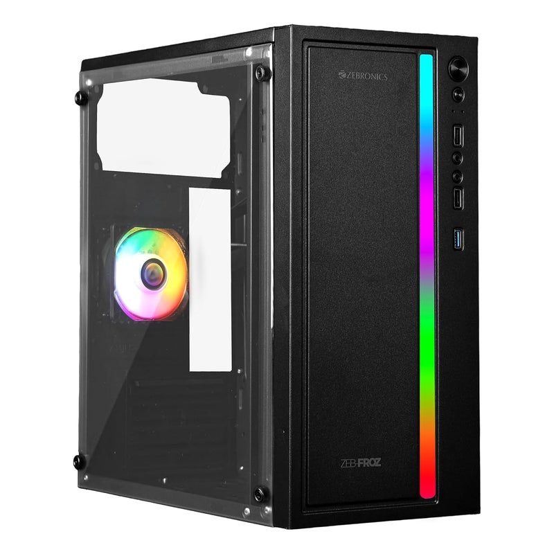 ZEBRONICS هيكل ألعاب، Micro ATX/Mini ITX، مروحة داخلية متعددة الألوان 80 مم، USB 3.0، 2X منافذ USB، لوحة جانبية أكريليك، شريط ضوء متعدد الألوان في اللوحة الأمامية، مزود طاقة مثبت في الأعلى (Froz) - Image 1