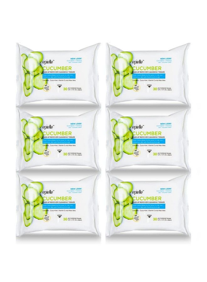 Epielle New Makeup Remover Cleansing Wipes Tissue Cucumber 30 Count 6 Pack ; Gentle For All Skin Types Daily Facial Cleansing Towelettes Removes Dirt Oil Makeup (Cucumber) Beauty Stocking Stuffers Gift - Image 2