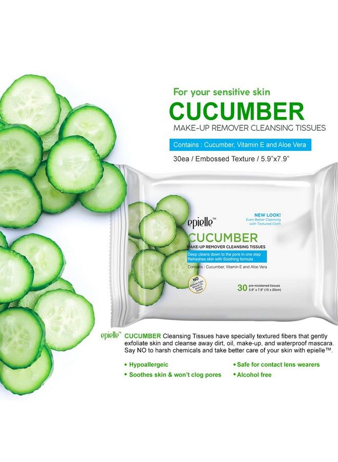 Epielle New Makeup Remover Cleansing Wipes Tissue Cucumber 30 Count 6 Pack ; Gentle For All Skin Types Daily Facial Cleansing Towelettes Removes Dirt Oil Makeup (Cucumber) Beauty Stocking Stuffers Gift - Image 3