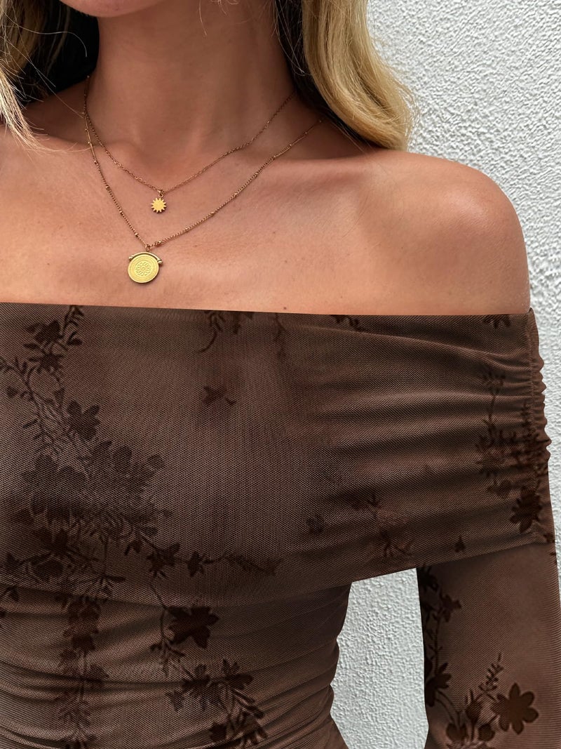 LILLUSORY Wedding Guest Off The Shoulder Holiday Dresses for Women 2026 Spring Fall Winter Bodycon Floral Long Sleeve Maxi Cocktail Going Out Party Formal Dresses Brown XL - Image 5