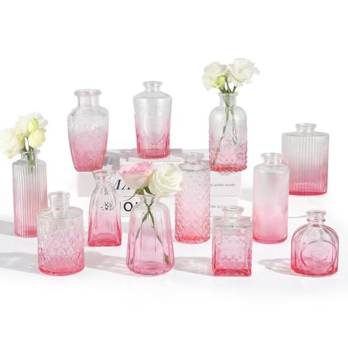 RUCKAE 12 Pack Glass Bud Vases Mini Flower Vase Small Vintage Vases for Centerpiece Table Wedding Decorations Home Decor Party (Gradient Pink) - Image 1