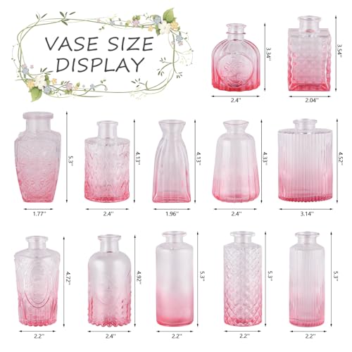 RUCKAE 12 Pack Glass Bud Vases Mini Flower Vase Small Vintage Vases for Centerpiece Table Wedding Decorations Home Decor Party (Gradient Pink) - Image 2