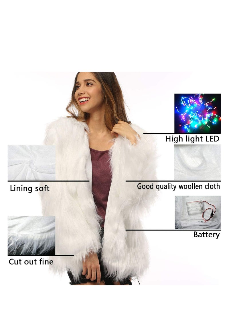 SYOSI LED Fur Coat for Women Rainbow Neon Rave Fluffy 80s Dance Coat Sparkly Light Up Jacket White Furry Rave Costume Costumes Dance Coat Burning man Outfit Light Up Clothing Accessories L - Image 2