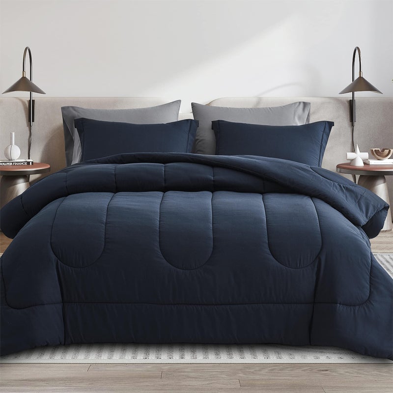 MapleStone Queen Size Comforter Set 7 Pieces Bed in a Bag  Down Alternative Bed Set with Sheets Pillowcases  Shams Soft Reversible Duvet Insert for Queen Bed Navy  Dark Grey