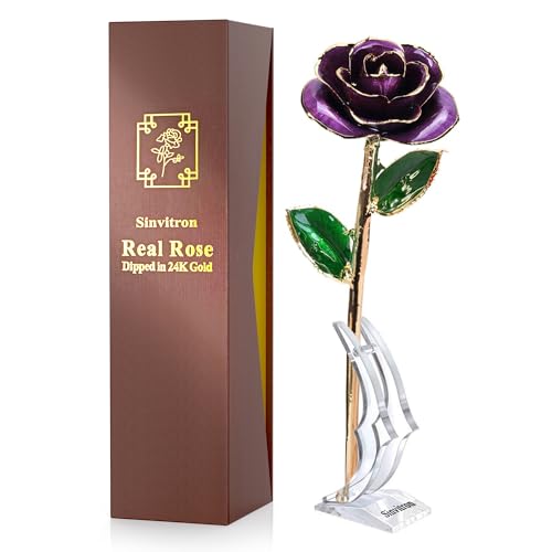 Sinvitron Gold Dipped Infinity Rose Forever Flower Decor, Resin Preserved Real Rose Birthday Gift for Women, Anniversary Present for Mom (Purple) - Image 1