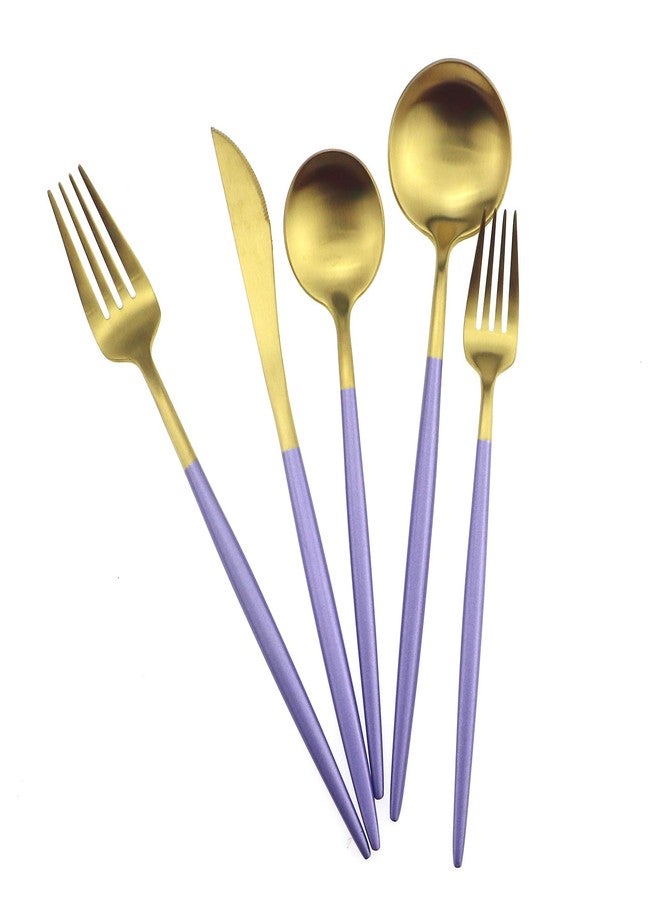 Gugrida Purple Gold Flatware, Royal 5 Piece Matte Handle 18/10 Stainless Steel Tableware Set for 1 Including Forks Spoons Knives, Camping Silverware Travel Utensils Cutlery - Image 1