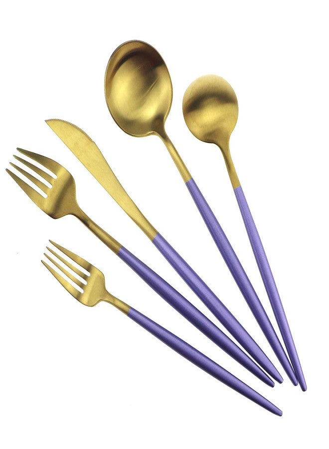 Gugrida Purple Gold Flatware, Royal 5 Piece Matte Handle 18/10 Stainless Steel Tableware Set for 1 Including Forks Spoons Knives, Camping Silverware Travel Utensils Cutlery - Image 5