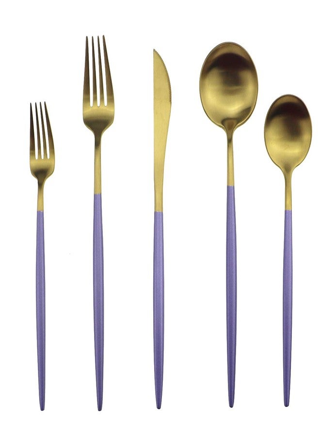 Gugrida Purple Gold Flatware, Royal 5 Piece Matte Handle 18/10 Stainless Steel Tableware Set for 1 Including Forks Spoons Knives, Camping Silverware Travel Utensils Cutlery - Image 4