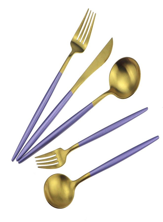 Gugrida Purple Gold Flatware, Royal 5 Piece Matte Handle 18/10 Stainless Steel Tableware Set for 1 Including Forks Spoons Knives, Camping Silverware Travel Utensils Cutlery - Image 3