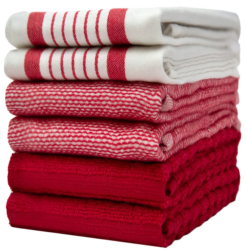 Premium Kitchen Towels 20x 28 6 Pack  Large Cotton Kitchen Hand Towels  Striped Flat  Terry Towel  Highly Absorbent Tea Towels Set with Hanging Loop  Red