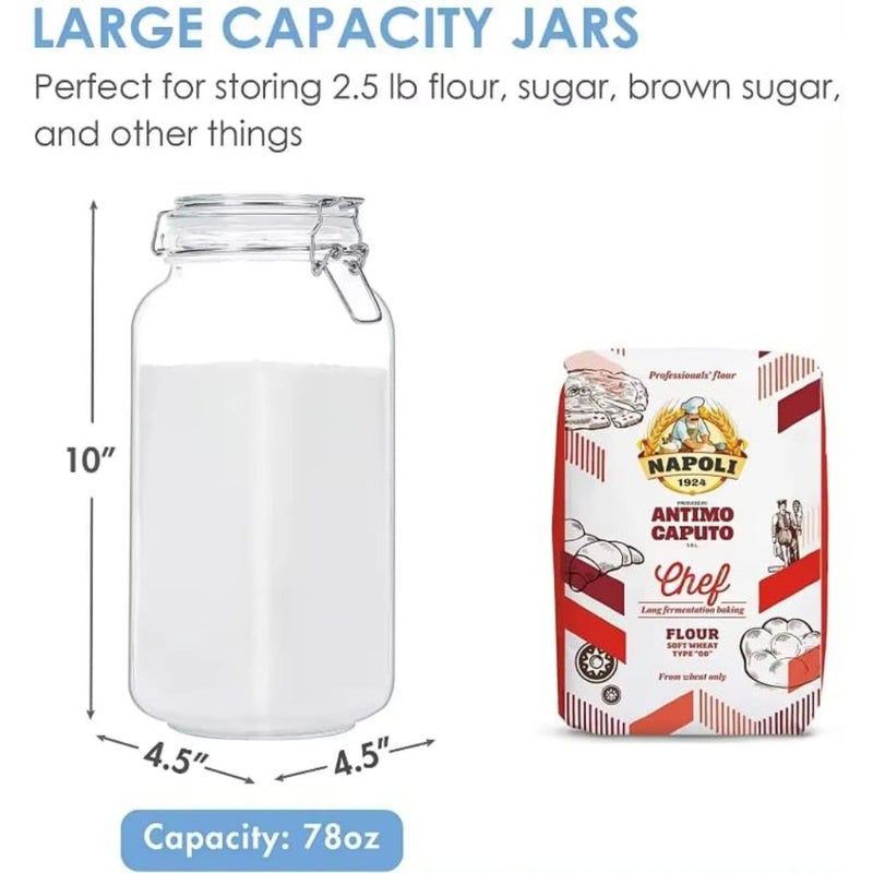 baihuo3-Pack Airtight Mason Glass Jars with Clamp Lids 78 oz Big Square Food Storage Canisters With Labels- Kitchen and Pantry Organization, Perfect for Storing Sugar, Flour, Cereal and Cookies etc - Image 2