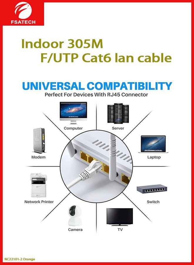 FSATECH كابل شبكة CAT6 F/UTP بطول 305 متر (نحاس صلب، 0.54 مم، برتقالي) - Image 4