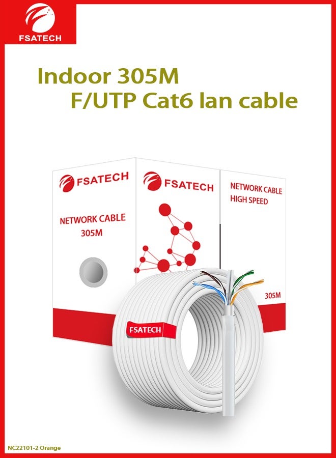 FSATECH كابل شبكة CAT6 F/UTP بطول 305 متر (نحاس صلب، 0.54 مم، برتقالي) - Image 1