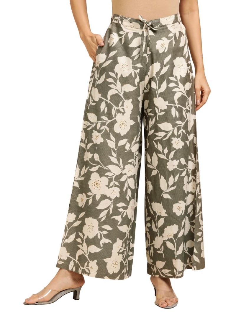 RATAN Women's Cotton Printed Loose Fit Mid Rise Flared Wide Leg Palazzo Pants (CFP-Brown-Small) - Image 1