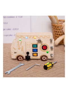 Generic 3-in-1 Busy Board with LED Light, Montessori Busy Board with Screwdriver Mini Set, Fire truck Fine Motor Skills Toys, Car Busy Board Wooden, with ons to Push Wooden Toys, Square Circuit Board  - Image 1