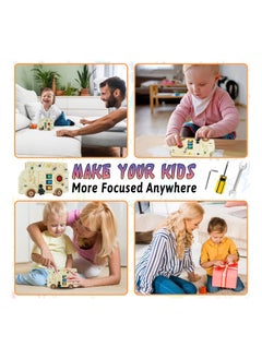 Generic 3-in-1 Busy Board with LED Light, Montessori Busy Board with Screwdriver Mini Set, Fire truck Fine Motor Skills Toys, Car Busy Board Wooden, with ons to Push Wooden Toys, Square Circuit Board  - Image 3